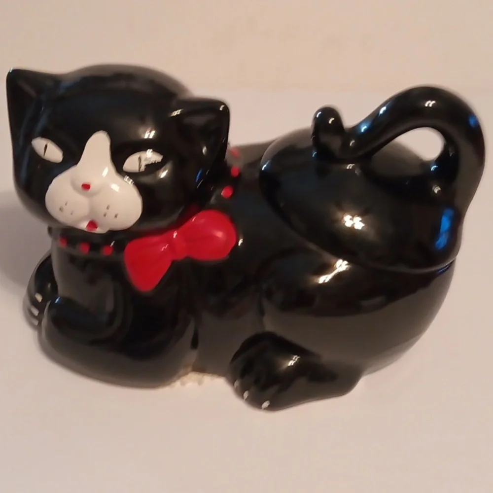 Vintage Whimsical Black Cat Cookie Jar with Red Bow